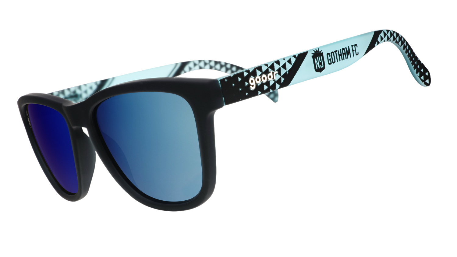 Sunglasses with blue lenses and patterned black and white frame on a white background
