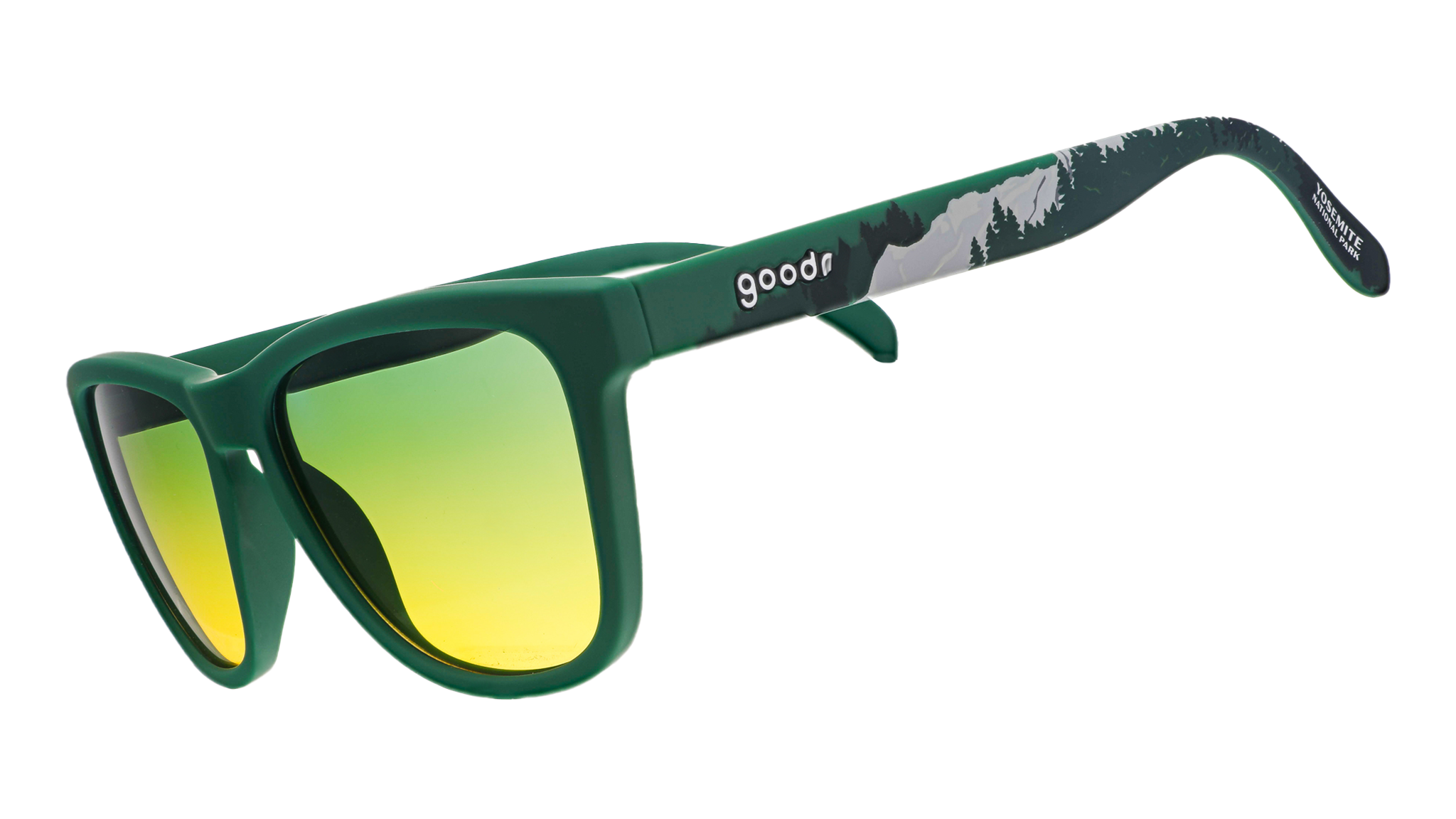 Green goodr sunglasses with a mountainous, woodsy scene across the temples and yellow lenses