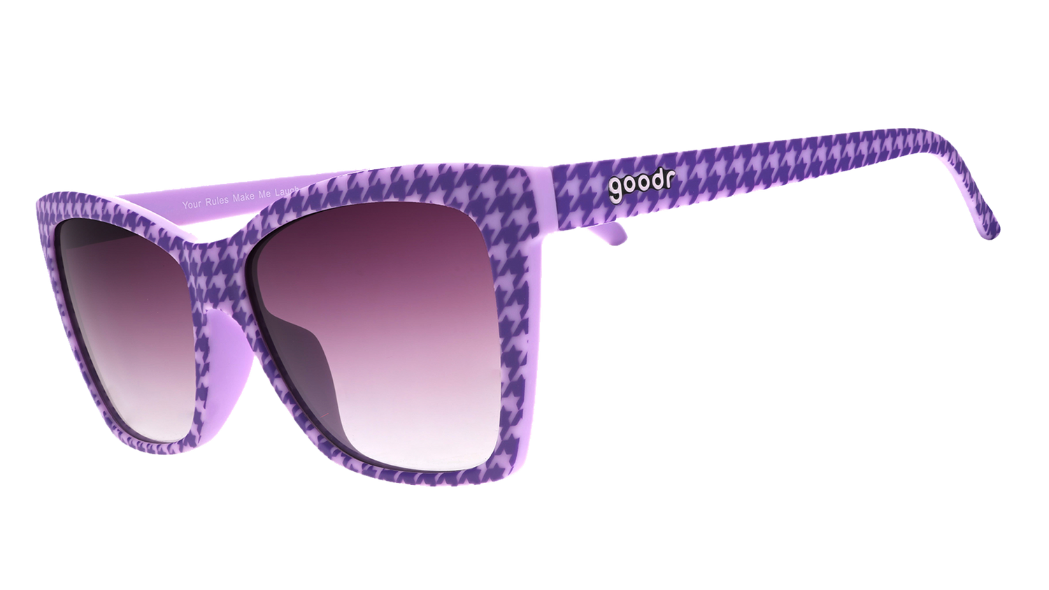 Three-quarter angle view of purple houndstooth print Pop Gs with purple gradient lenses.