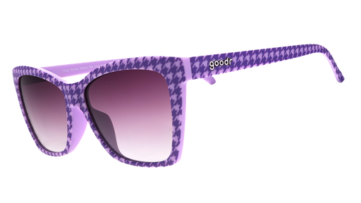 Three-quarter angle view of purple houndstooth print Pop Gs with purple gradient lenses.