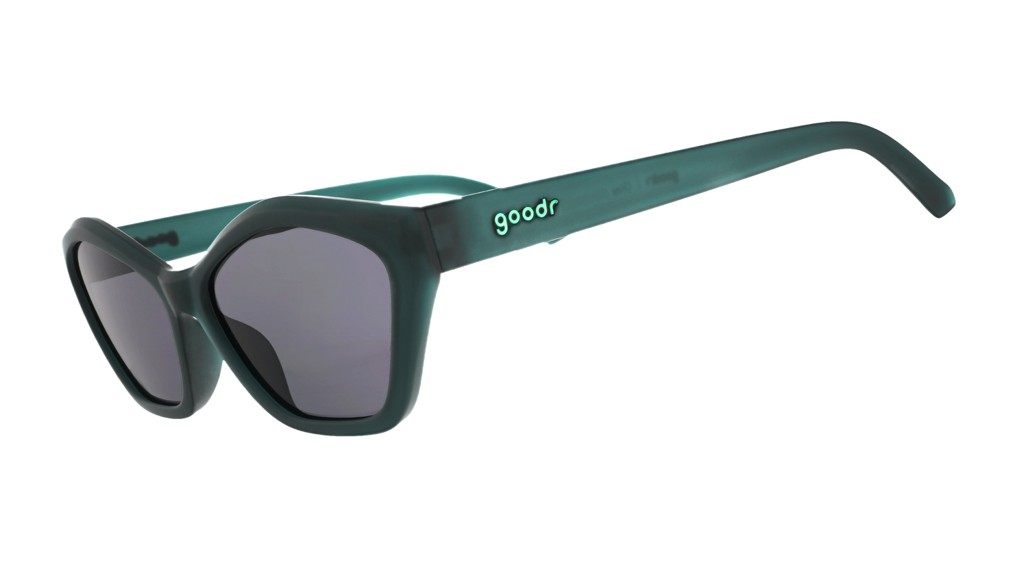 Three-quarter-angle view of translucent, dark green angular Deco G sunglasses with black non-reflective lenses. 