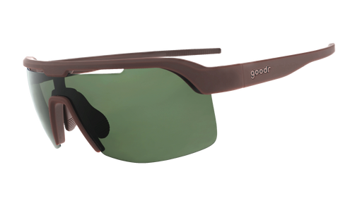 Three-quarter-angle view of brown wraparound Bolt G sunglasses with non-reflective, green vented lenses.