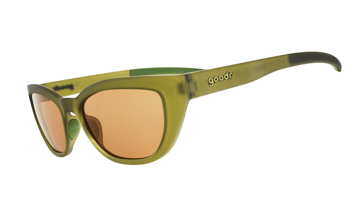 Three-quarter-angle view of translucent olive green Cheetah G cat-eye sunglasses with brown non-reflective lenses.
