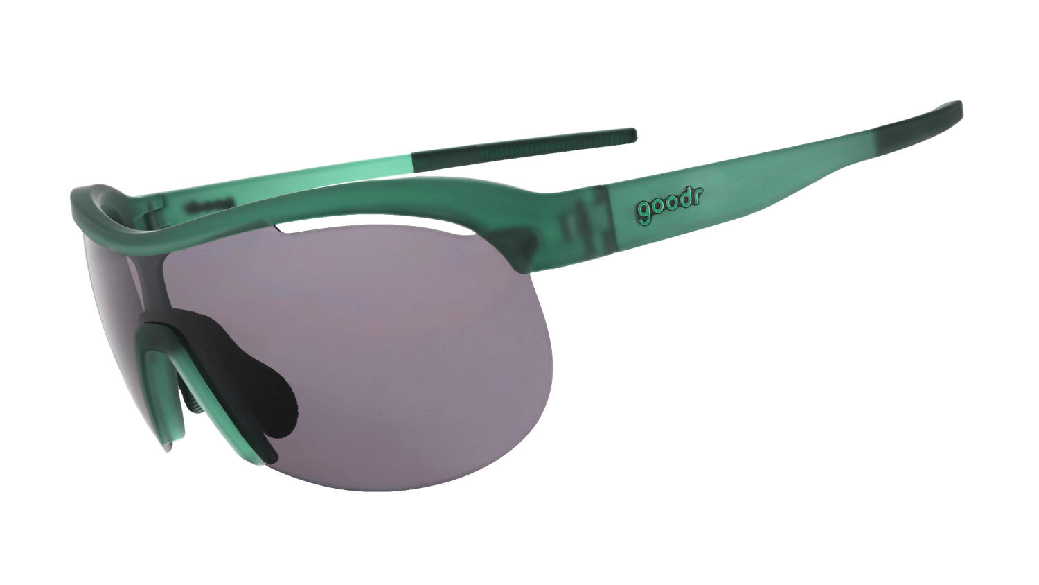 Three-quarter-angle view of translucent dark green Sonic G curved shield sunglasses with vented black non-reflective lenses.