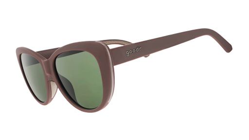 Three-quarter-angle view of opaque brown Glam G cat-eye  sunglasses with green non-reflective lenses.