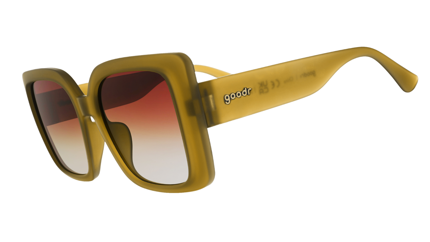 Three-quarter-angle view of translucent, oversized square Amp Gs in a dusted-ochre hue with brown-gray gradient lenses.