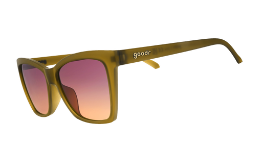 Three-quarter-angle view of translucent ochre angular cat-eye Pop Gs with purple-yellow gradient lenses. 