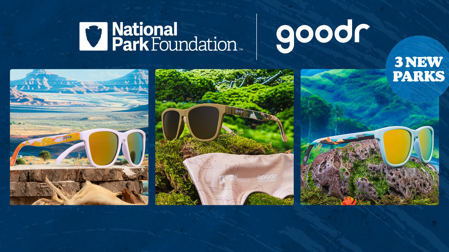 A promotional banner for Goodr's collaboration with the National Park Foundation, featuring three pairs of sunglasses, each styled to represent a different national park.