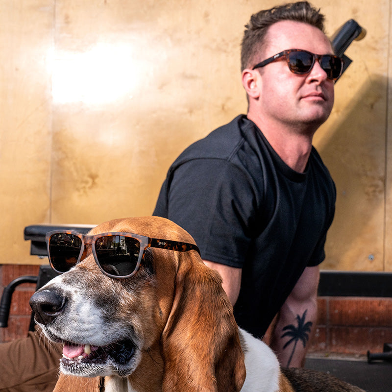 A basset hound stands in front of a man as they look out in opposite directions, both wearing brown tortoiseshell sunglasses.