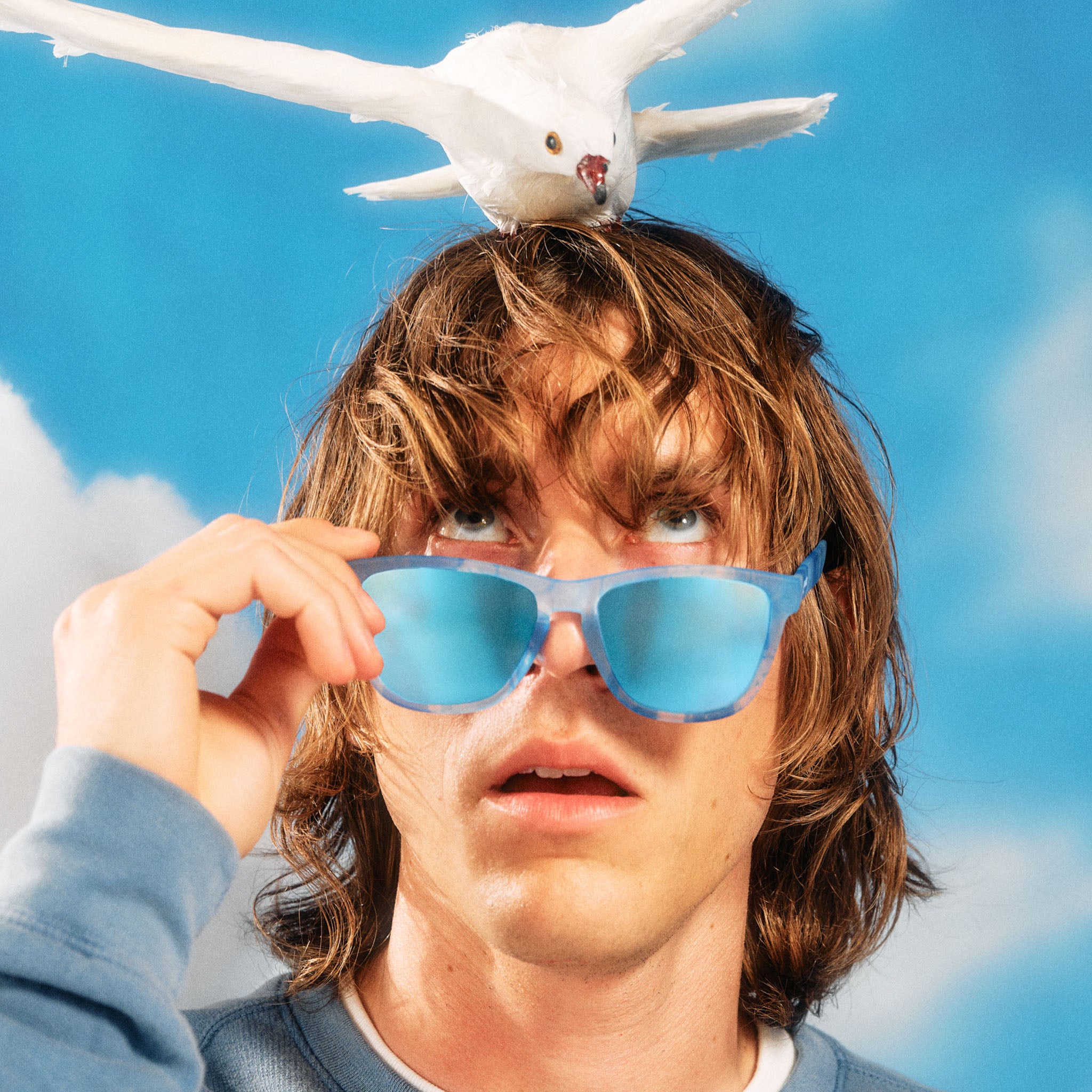 A dude with a shaggy blonde haircut pulls down his blue cloud sunglasses to peer at a white dove perched on his head.