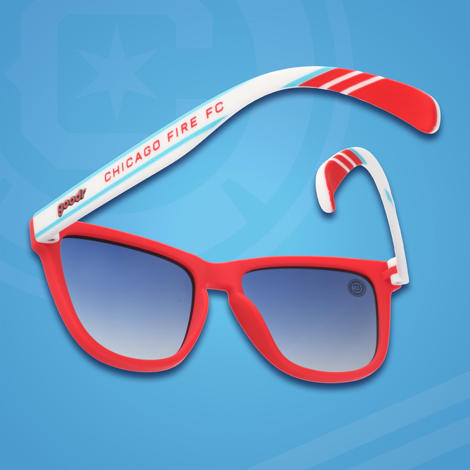 Three-quarter angle back view of MLS Chicago Fire FC shades. Red+white frames. Dark blue ocean gradient lenses.