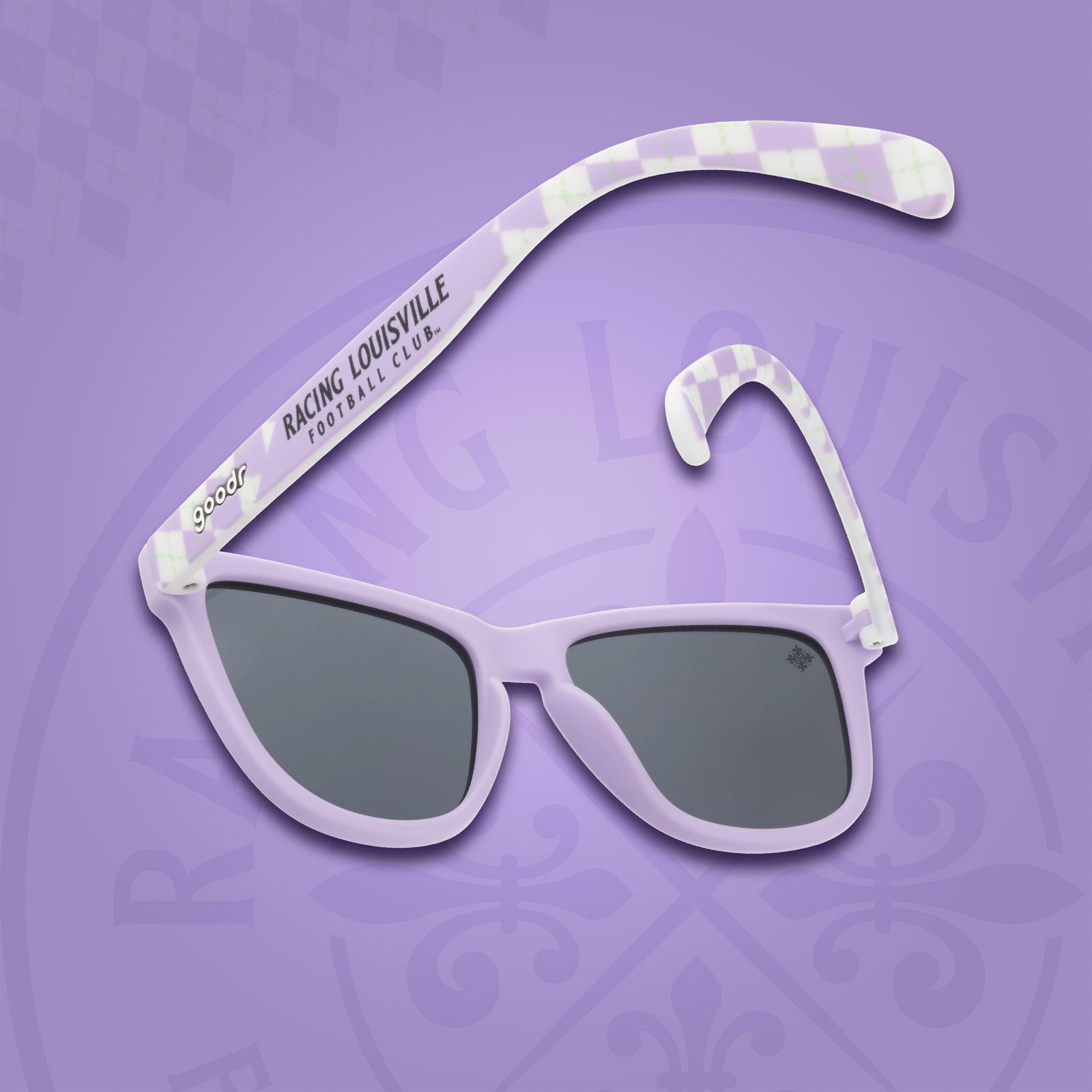 Back view of lavender and mint frames, featuring an argyle pattern, black lenses, and Racing Louisville Football Club logo on a lavender background.