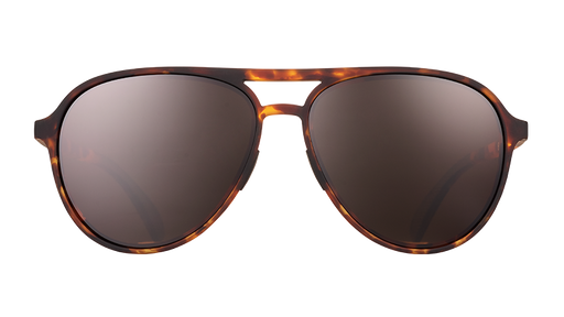 Front view of brown tortoiseshell aviator sunglasses with brown non-reflective lenses on a white background.