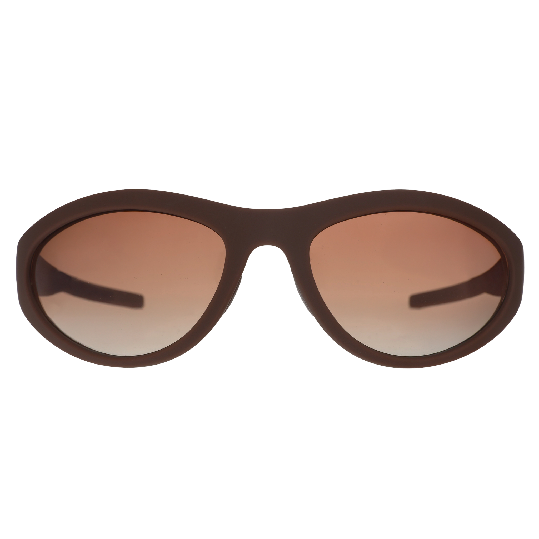 Front view of brown wraparound sunglasses with brown gradient lenses.