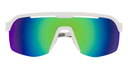 Front view of shield sunglasses. White front frame with green reflective wrap lenses on a white background.