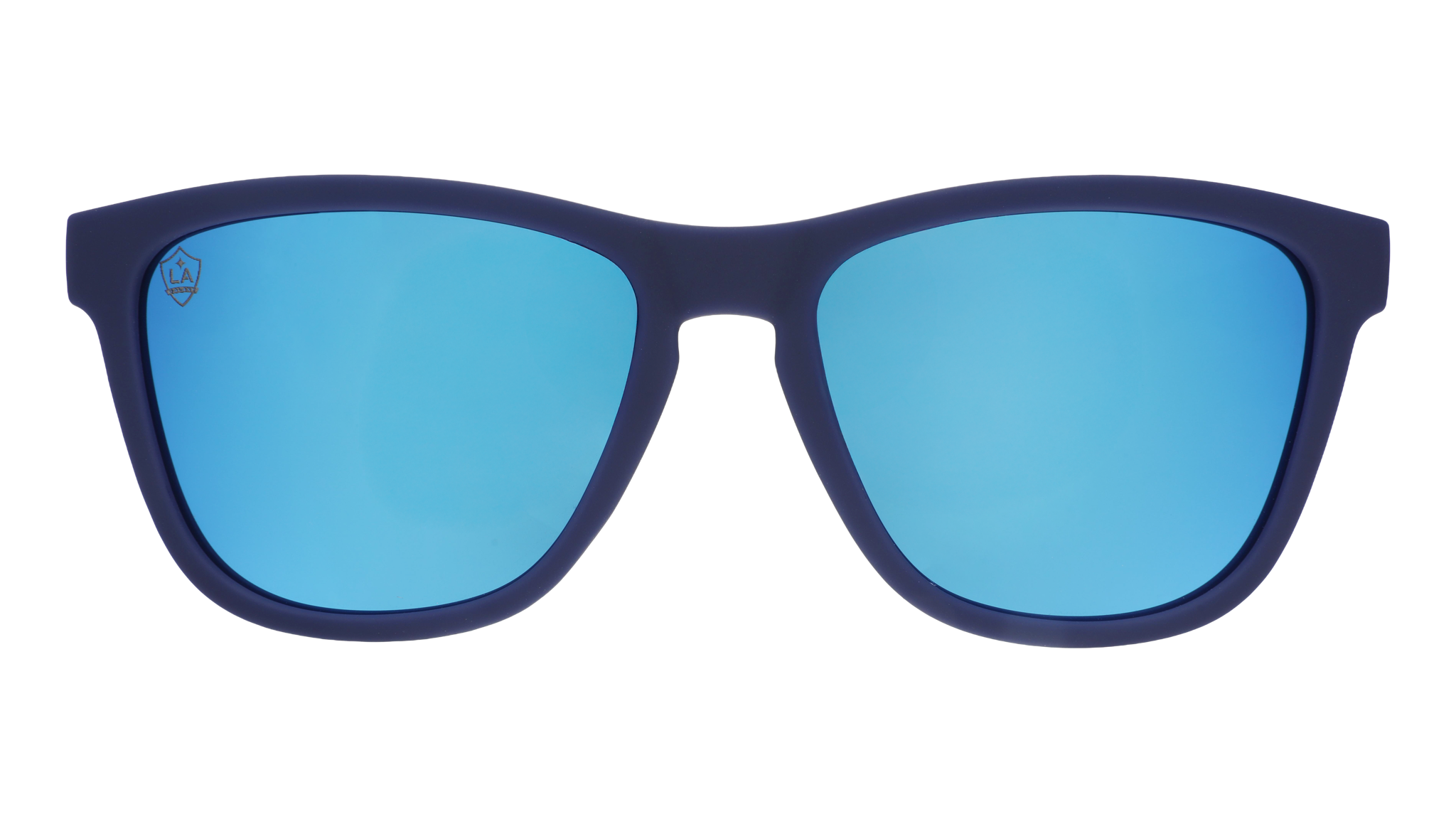 Front view of Major League Soccer LA Galaxy shades. Navy front frame. Blue reflective lenses.