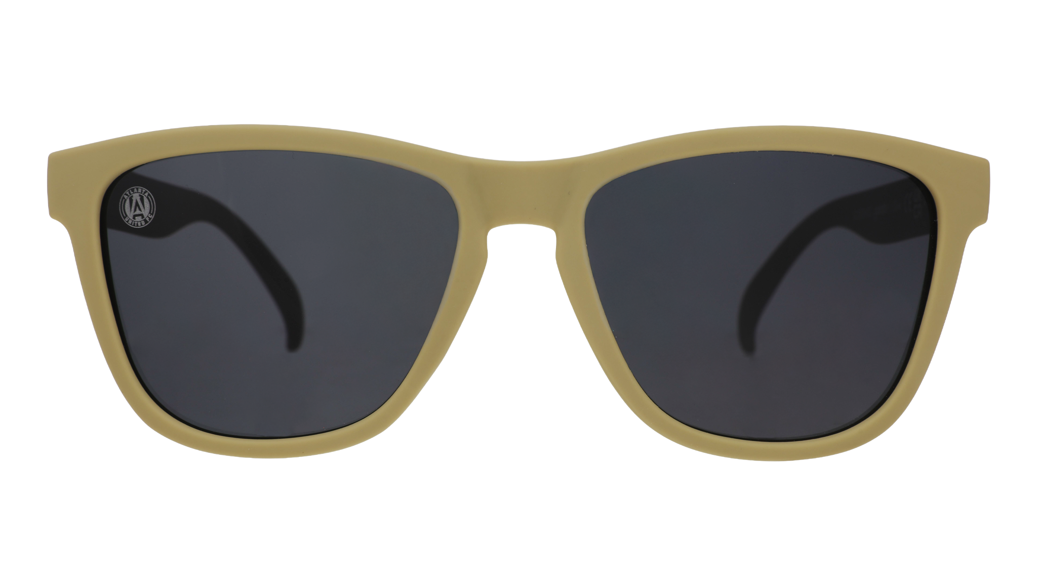 Front view of Major League Soccer Atlanta United shades. Gold front frame. Black non-reflective lenses.