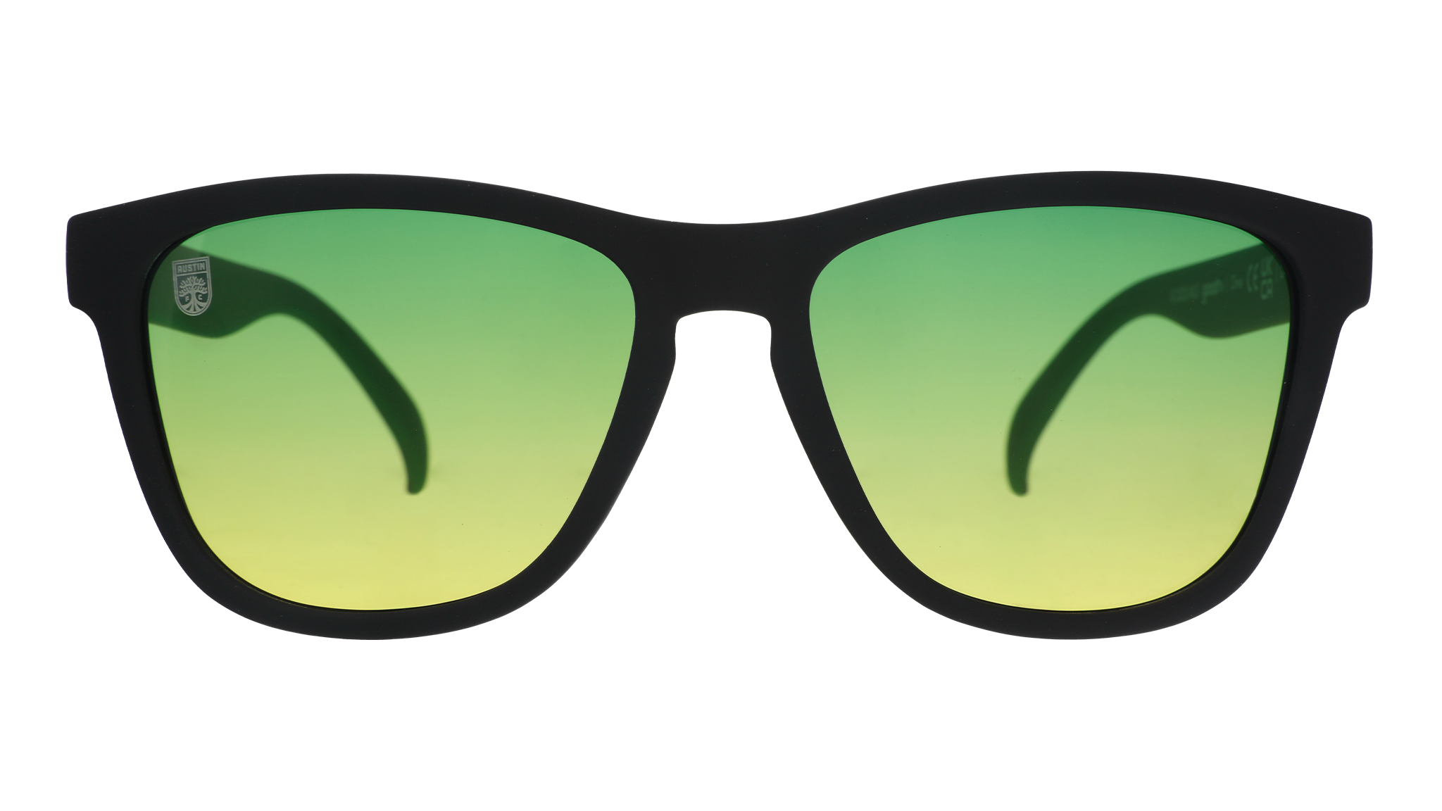 Front view of Austin FC Major League Soccer sunglasses with black front frame and green-yellow lenses
