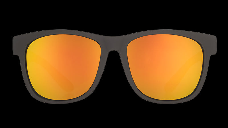 Front view of large square-shaped black sunglasses with mirrored amber lenses.