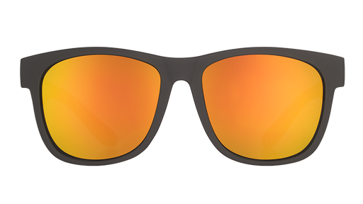 Front view of large square-shaped black sunglasses with mirrored amber lenses.