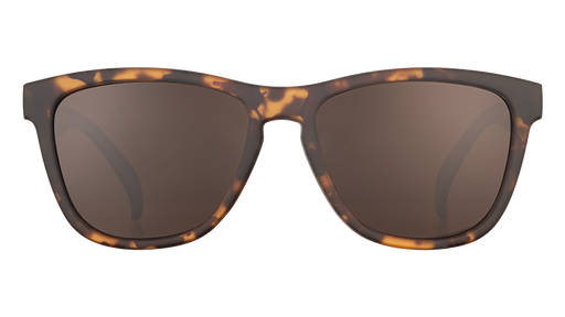 Front view of square-framed brown tortoiseshell sunglasses with brown non-reflective lenses on a white background.