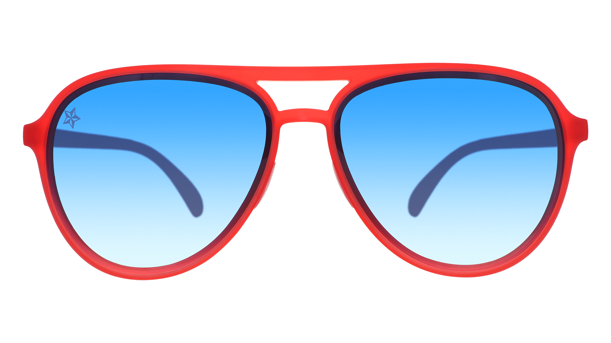Front view of aviator shades on a white background. Red front frame. Blue gradient lenses. Star etch on top right lens.