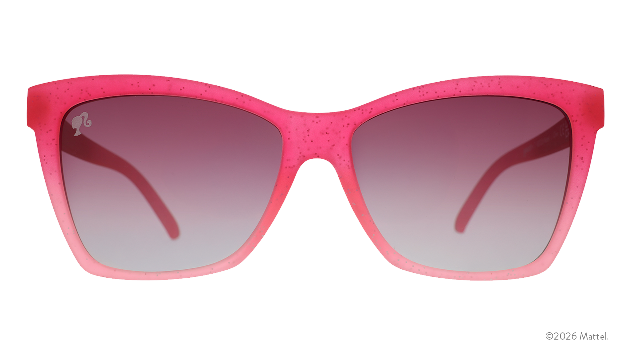 Front view of translucent, angular, glittery pink ombre cat-eye sunglasses with purple gradient lenses.