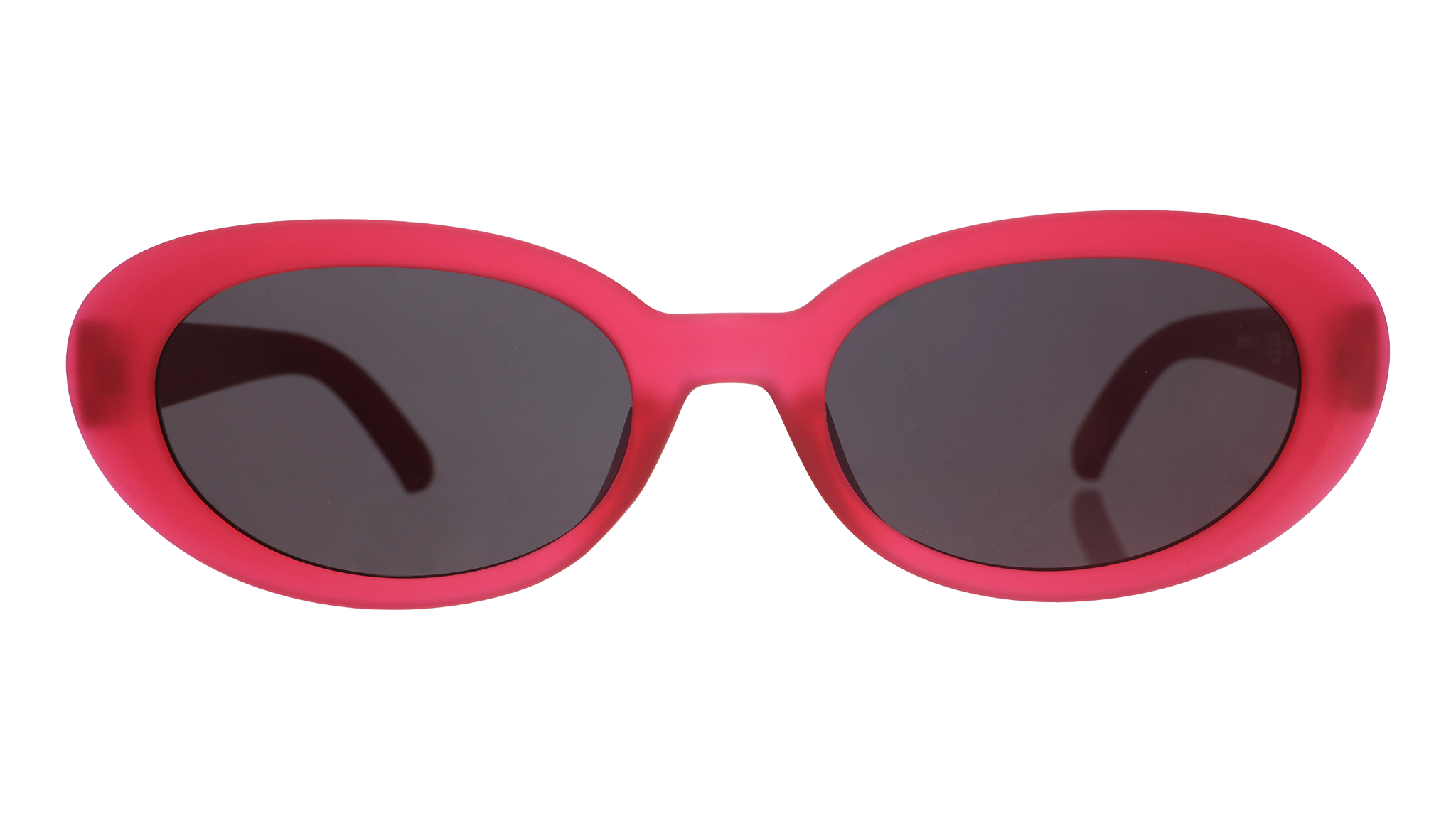 Front view of hot pink oval sunglasses with dark red polarized lenses against a white background.