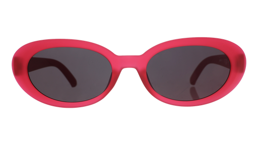 Front view of hot pink oval sunglasses with dark red polarized lenses against a white background.