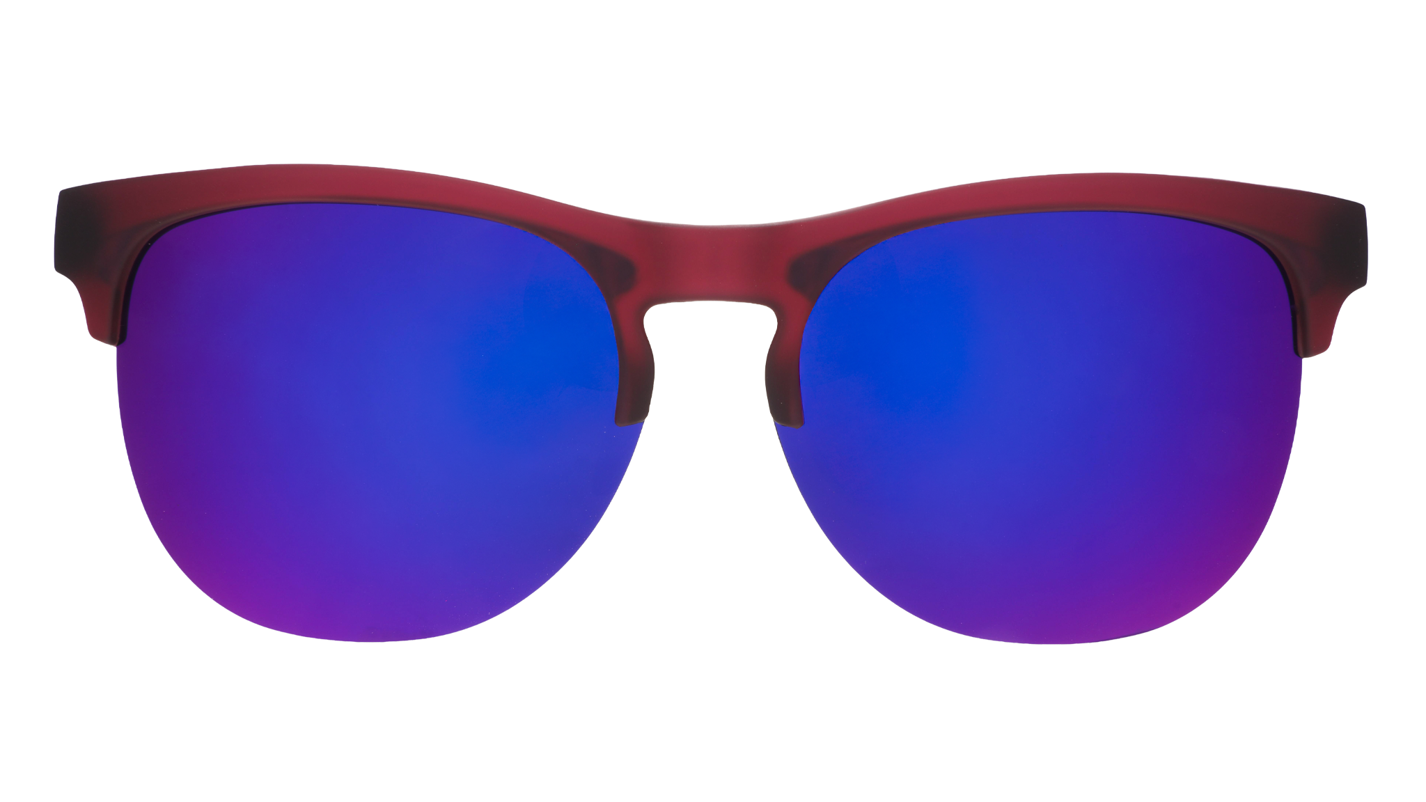 Front view of translucent purple half-rim sunglasses with purple reflective lenses.