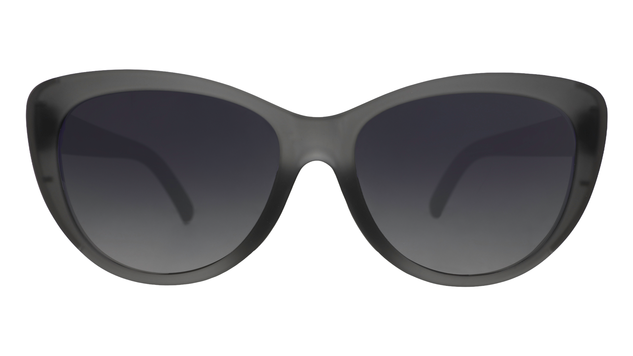 Front view of translucent gray cat-eye sunglasses with black gradient lenses.