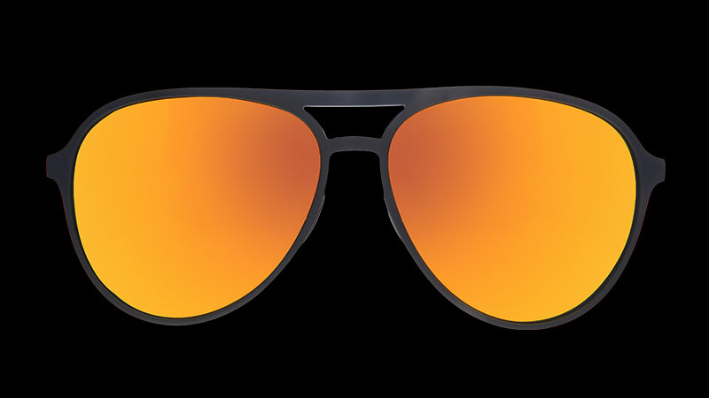 Front view of black aviator sunglasses with amber lenses.