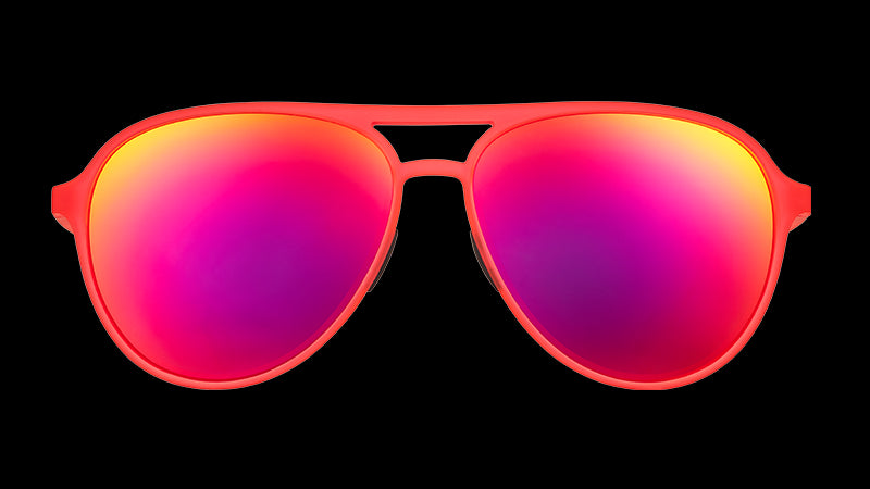 Front view of bright red aviator sunglasses with red mirrored lenses.
