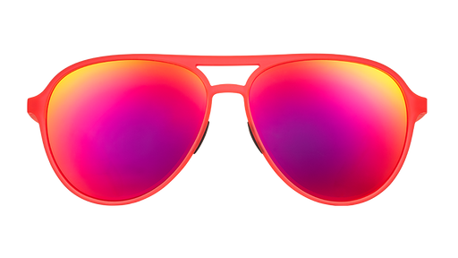 Front view of bright red aviator sunglasses with red mirrored lenses.