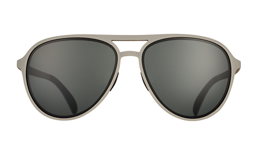Front view of gray aviator sunglasses with non-reflective black lenses on a white background.
