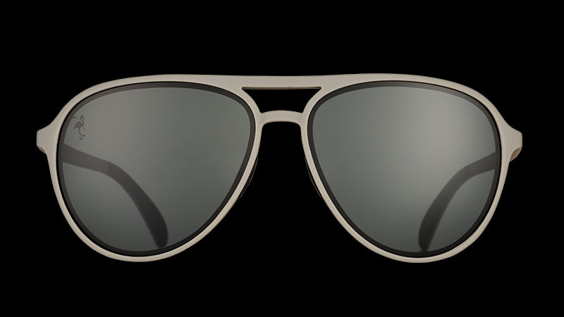 Front view of gray aviator sunglasses with non-reflective black lenses on a white background.