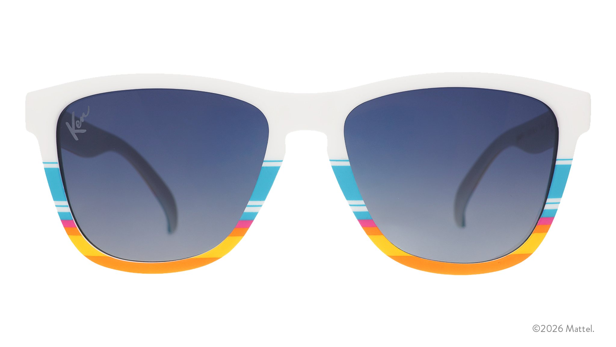 Front view of white sunnies featuring a striped, beach-inspired design. The blue gradient lenses feature a Ken™ lens etch.