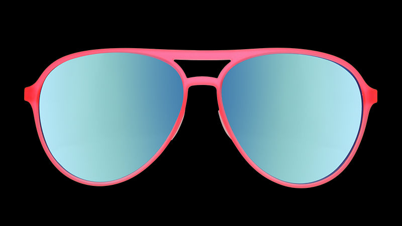 Front view of pink aviator sunglasses with mirrored reflective teal lenses.