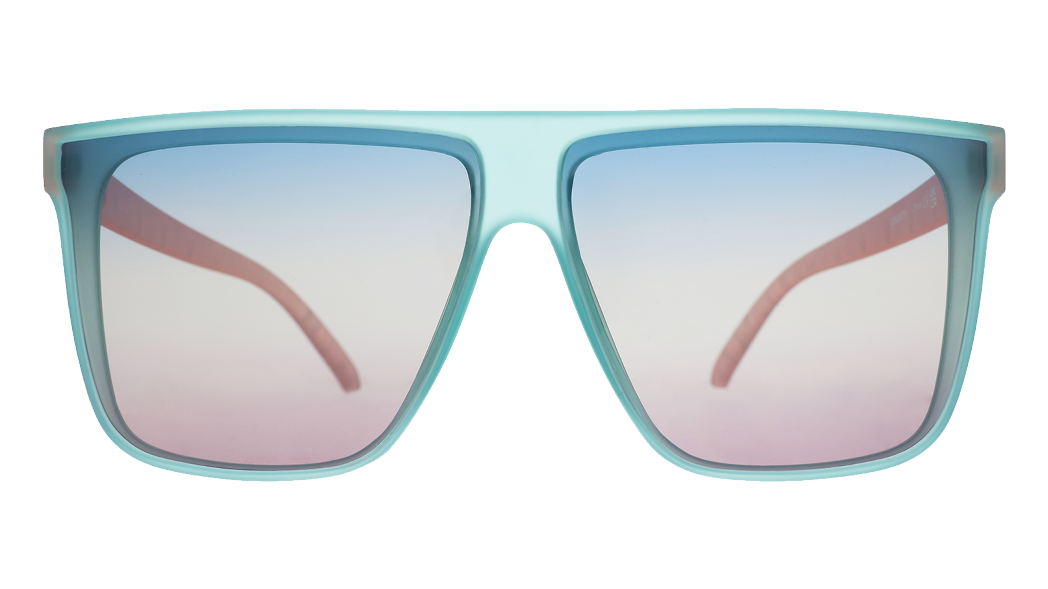 Front view of light blue sunglasses with oversized square frames and blue-pink gradient lenses.