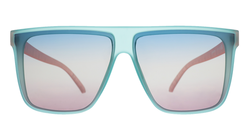 Front view of light blue sunglasses with oversized square frames and blue-pink gradient lenses.