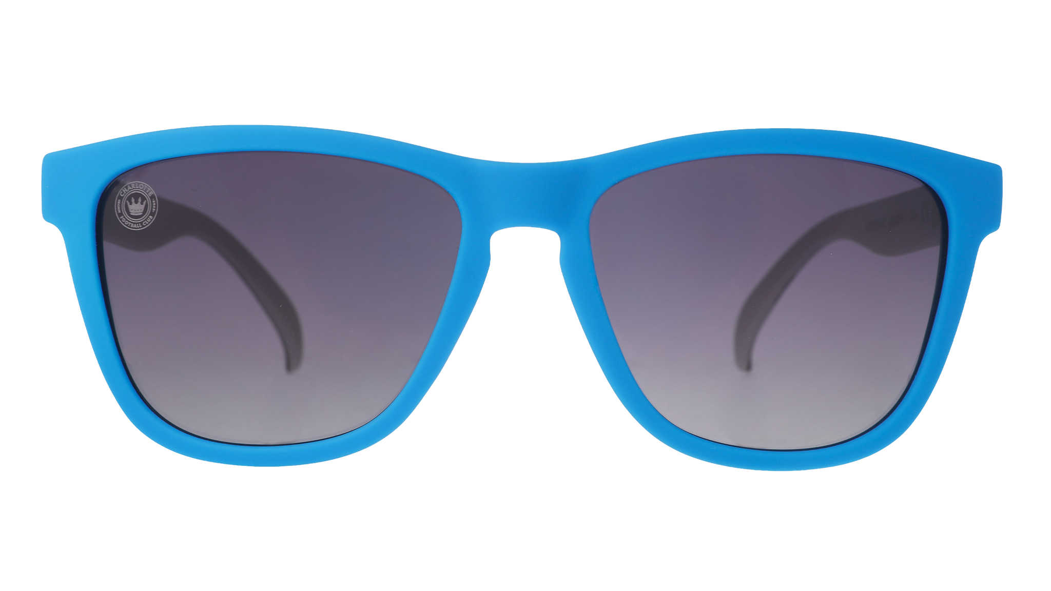 Front view of Major League Soccer Charlotte FC shades. Blue front frame. Black gradient lenses.
