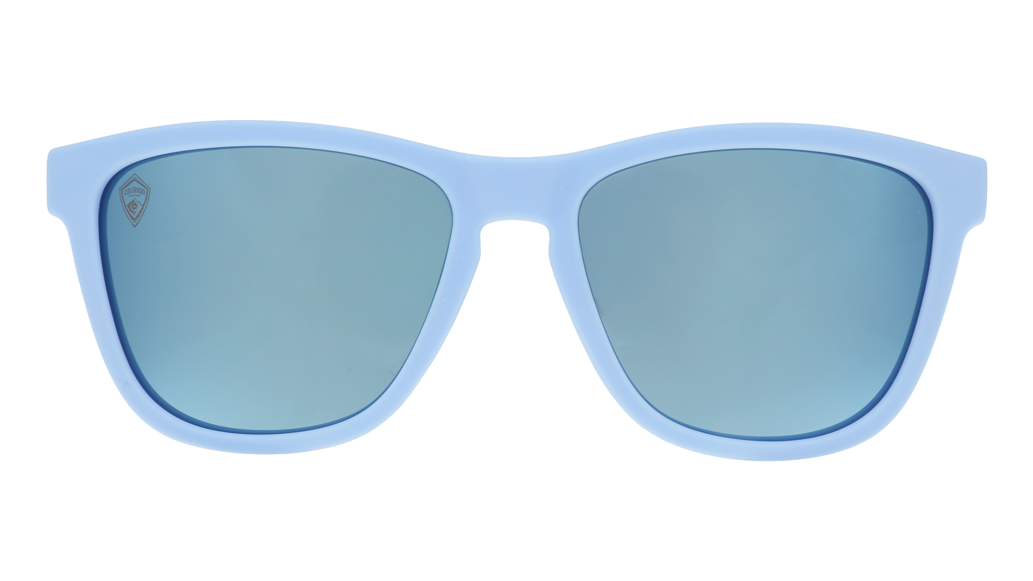 Front view of Major League Soccer Colorado Rapids shades. Blue front frame. Ice blue reflective lenses.