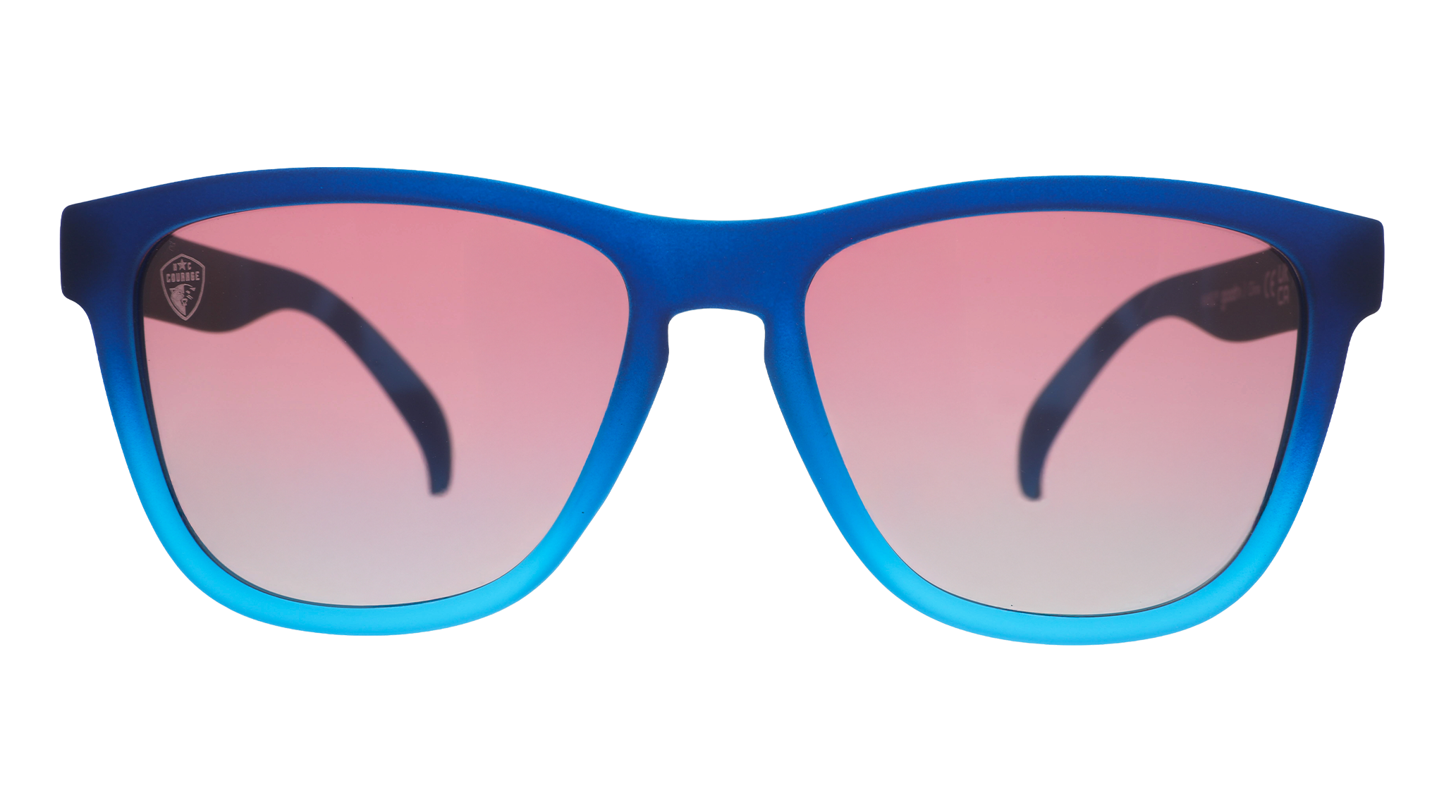 Front view of Atlantic blue sunglasses with rose gradient lenses.
