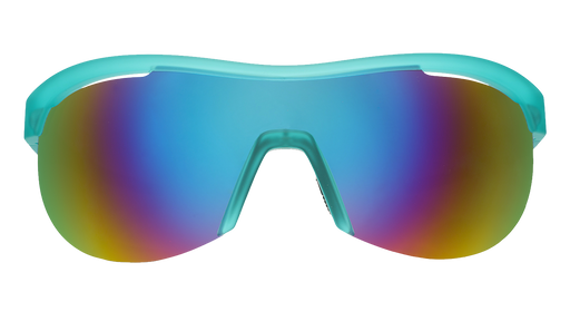 Front view of translucent mint green wrap shield sunglasses with white-blue reflective lenses against a white background.