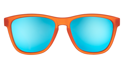 Front view of bright orange sunglasses with blue reflective lenses on a white background.