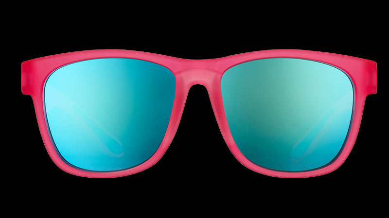 Front view of square-shaped wide-fit hot pink sunglasses with blue mirrored lenses.