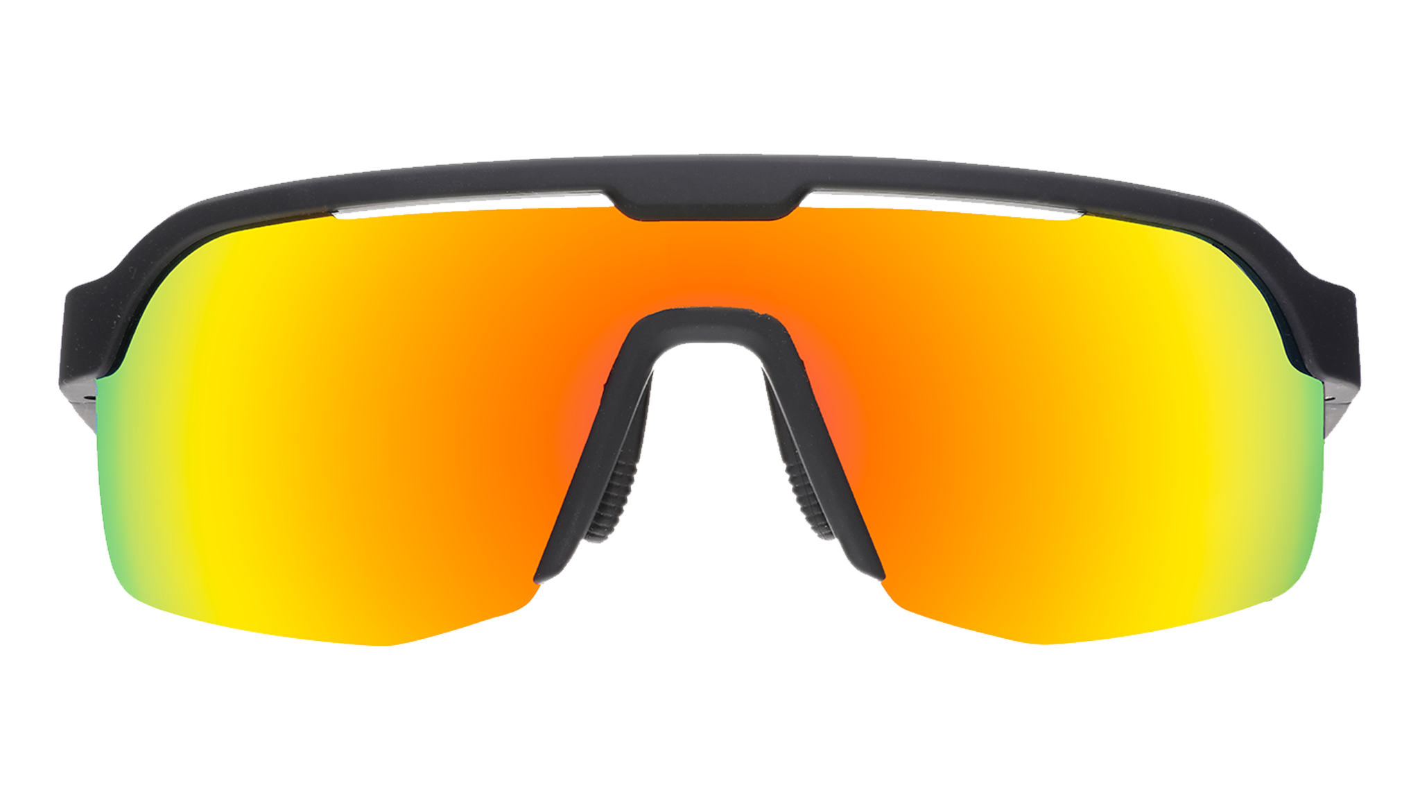 Sunglasses with black frame and orange-tinted lenses on a white background
