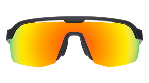 Sunglasses with black frame and orange-tinted lenses on a white background
