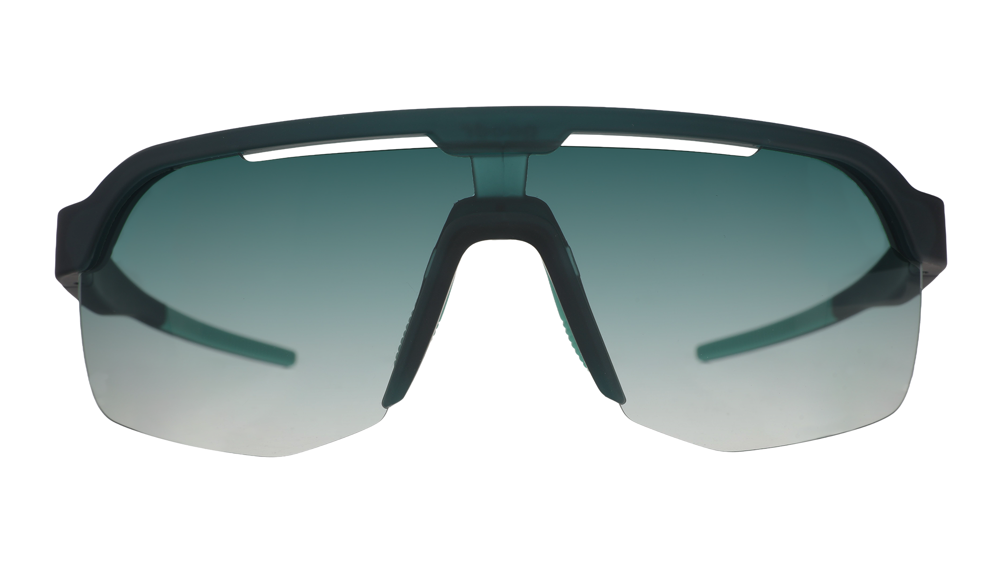 Front view of dark teal Bolt Gs with green gradient lenses.