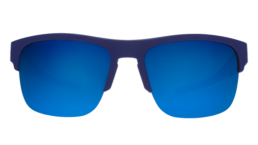 Front view of sunglasses. Navy blue front half-rim frame with blue gradient lenses on a white background.